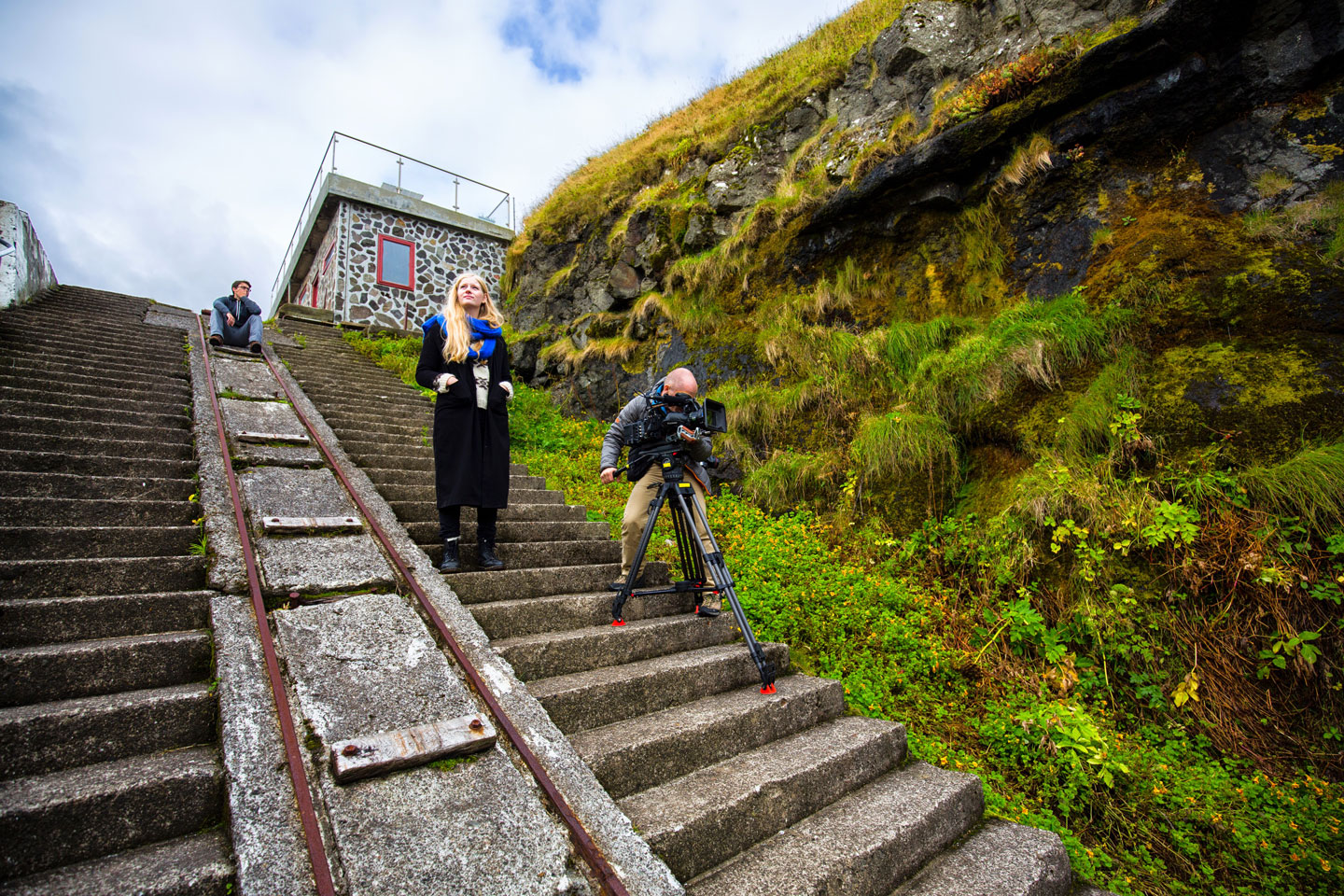 Filming on staircase Faroe Islands