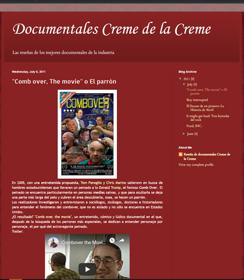 Blog post 'Documentales Creme de la Creme' festuring Combover: the Movie